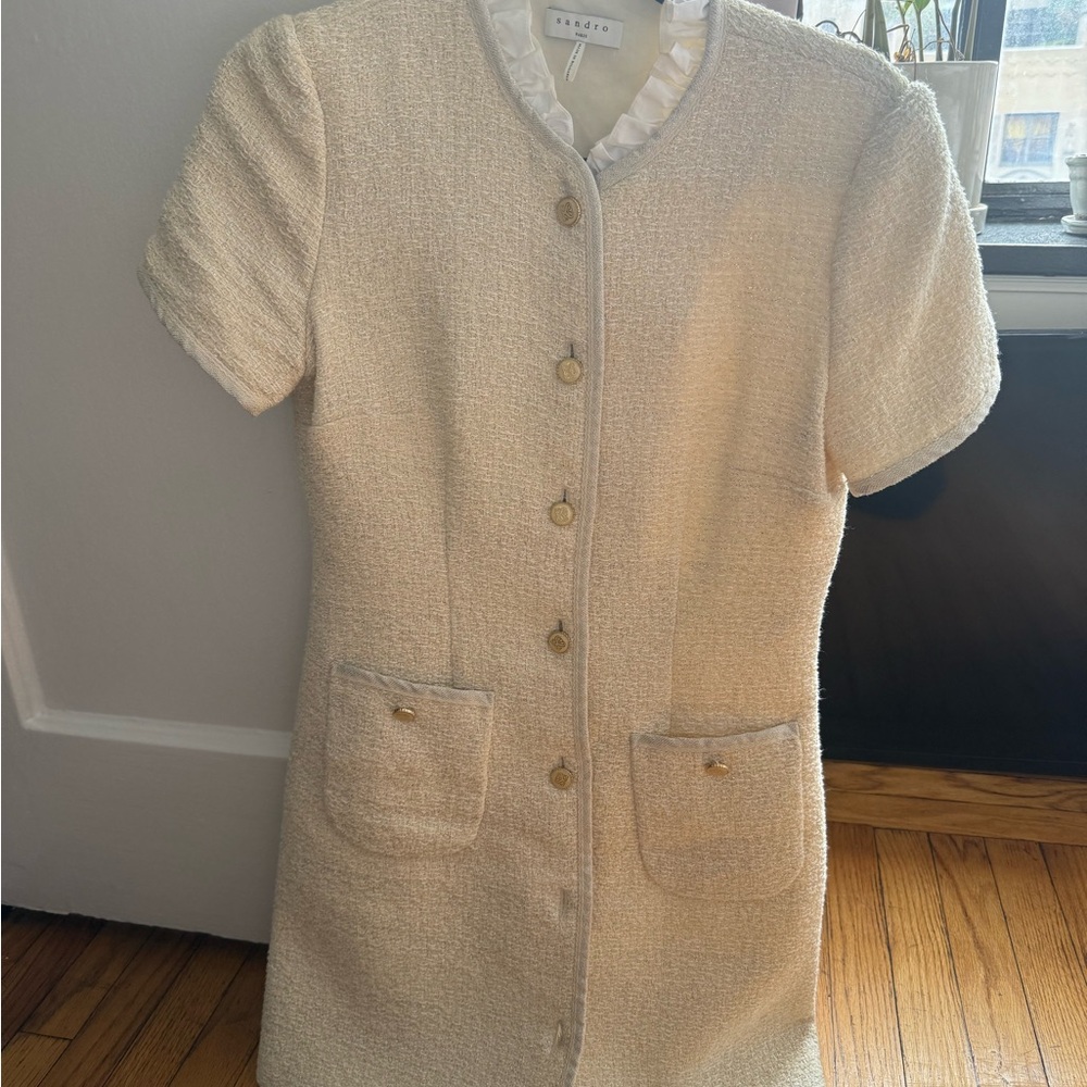 Sandro Ivory Tweed Dress with Gold Accents